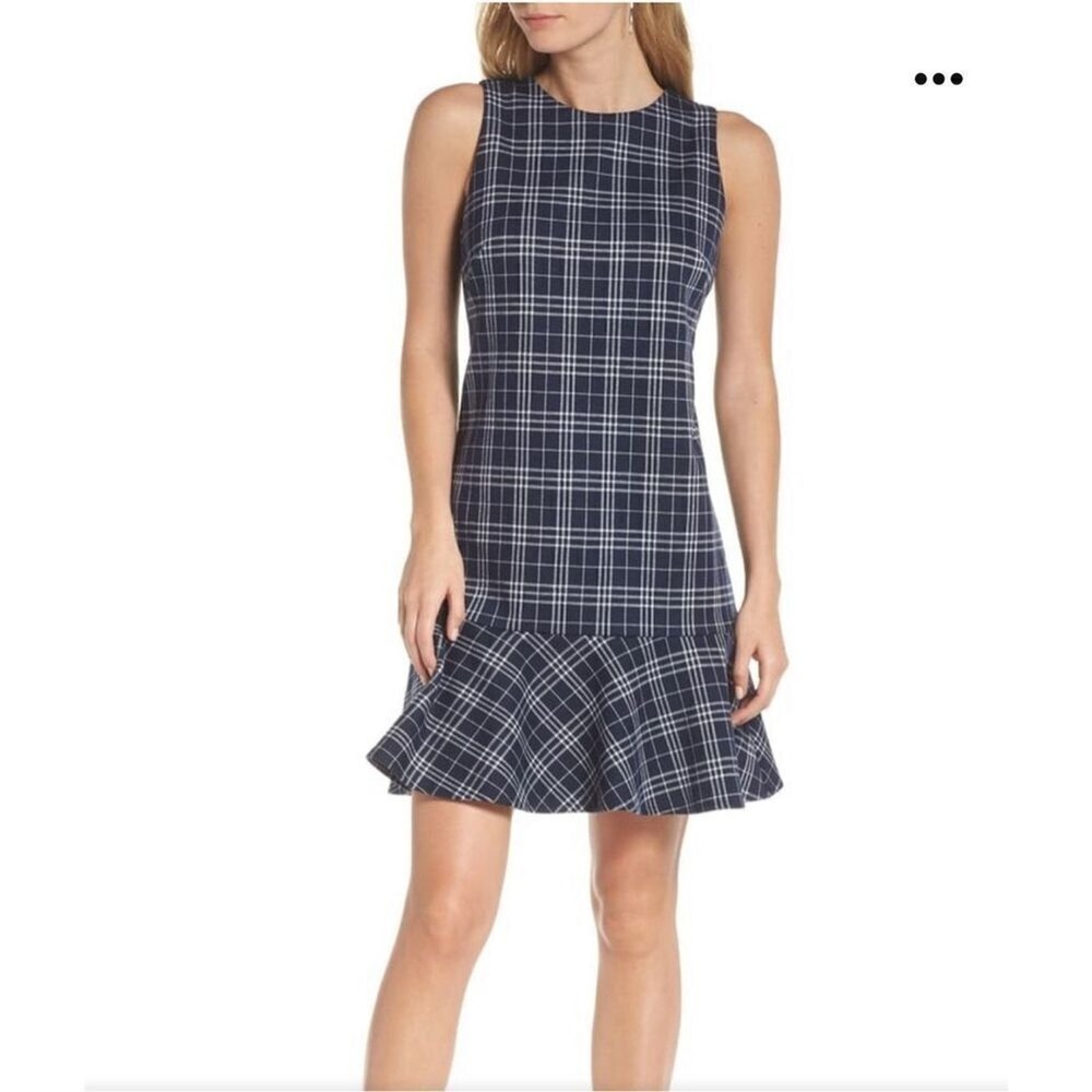 1901 Navy Blue White Plaid Sleeveless Flounce Hem Shift Dress Size 8